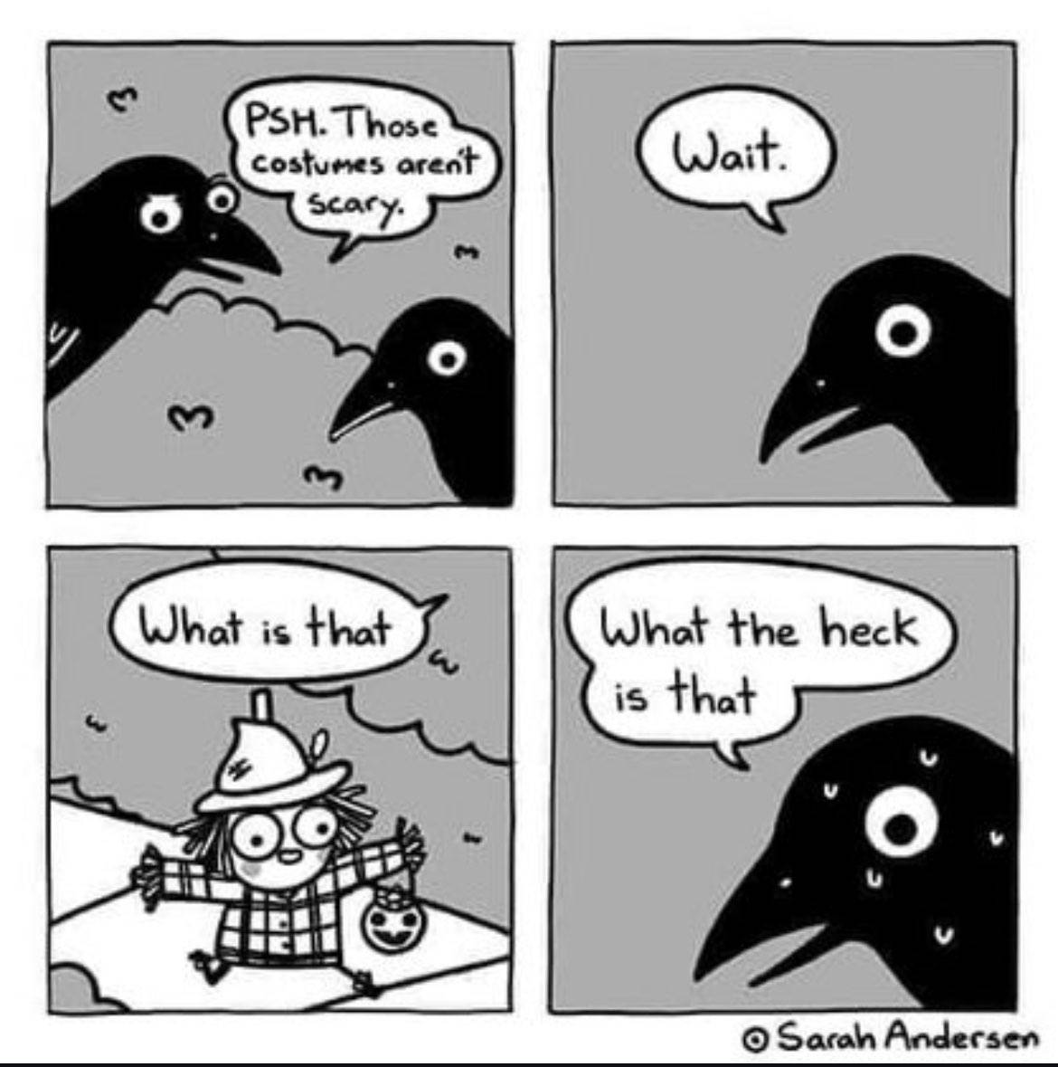 Black and white comic showing birds reacting to a costume, gradually realizing it is unsettling, expressing surprise and fear.
