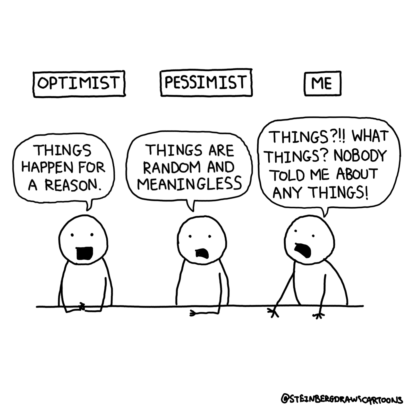 Meme comparing optimist, pessimist, and me: optimist says 